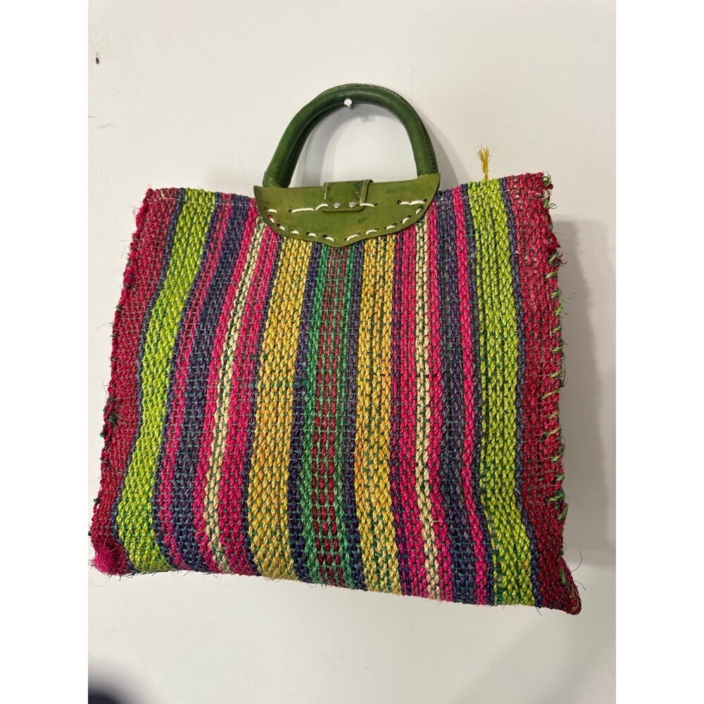 SAN LUIS POTOSI MEXICO ARTISAN STRAW AND LEATHER TOTE - Picture 2 of 9